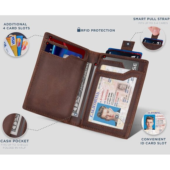 Men Brown Slim leather RFID Blocking Minimalist Card Front Pocket Wallets - Picture 8 of 10